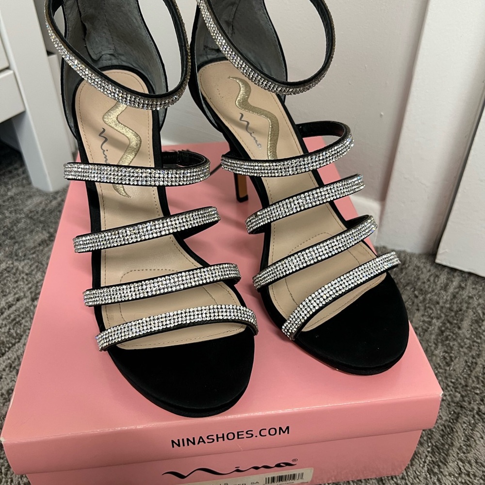 Nina Black Rhinestone Multi-Strap Stiletto Sandals